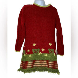 Deux par deux girls red green teddy bear sweater dress fringe trim sz 5